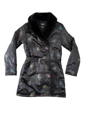 Vintage Taxi Embroidered Coat With Faux Fur Collar Long Jacket Y2K Asian Print